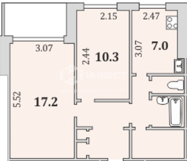 2-к квартира, 49 кв.м.