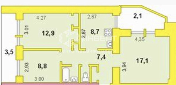 3-к квартира, 65 кв.м.